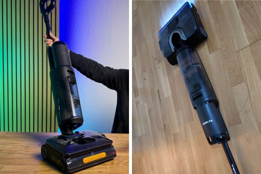 Das Display vom Tineco Floor One S7 Stretch Plus wird mit unterschiedlichen Anzeigen und Anwendungen gezeigt.